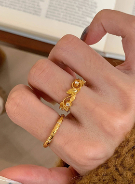 复古国风拉丝黄钻树叶戒指女微镶重工指环简约轻奢时尚通勤指环女