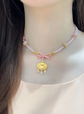 周家同款锦鲤平安锁手工编织项链少女心粉色编绳项链简约百搭闺蜜