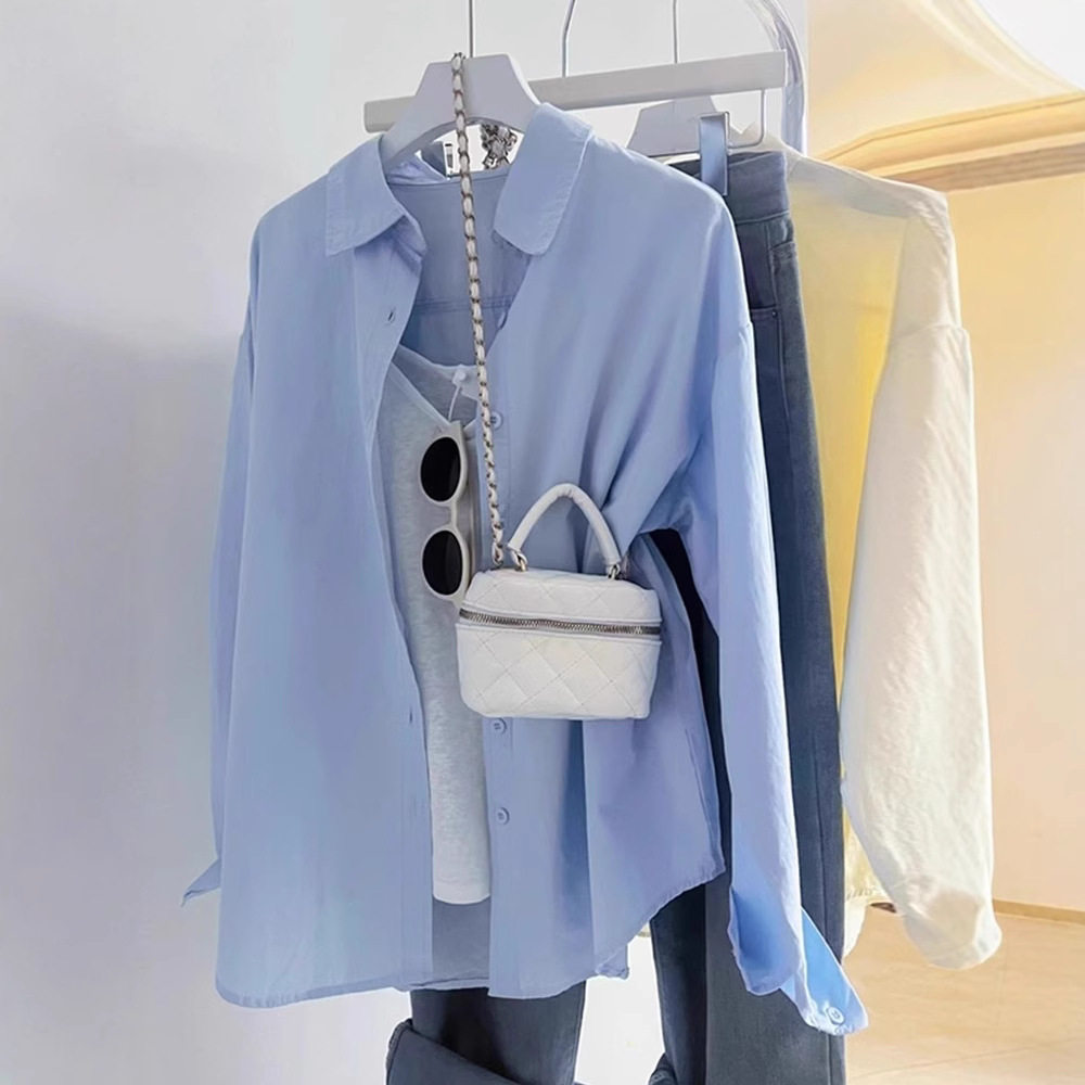 蓝色纯棉衬衫女春季新款设计感小众衬衣叠穿宽松长袖夏季防晒上衣