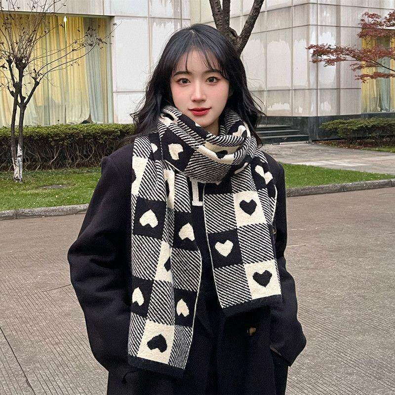 爱心格子围巾男女学生秋冬季新款高级感加厚保暖护颈围脖针织毛线