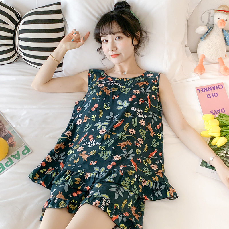 薄款背心短裤两件套美背棉绸睡衣女甜美日系学生薄款人造棉家居服