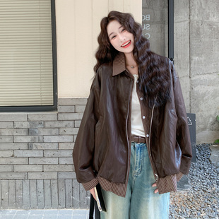 翻领格子拼接假两件宽松 女装 今年流行特惠皮衣外套2025年秋季 新品