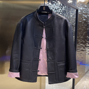 今年流行特惠刘雯同款欧洲站复古盘扣绵羊皮中国风皮衣女真皮立领