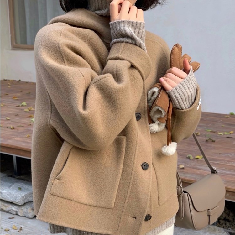 今年流行特惠100羊毛短款驼色羊绒大衣女小个子休闲毛呢外套连帽