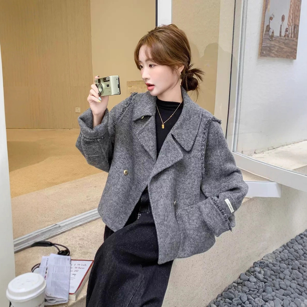今年流行特惠【自由简意】灰色小香双面羊绒大衣女春秋新短款减龄