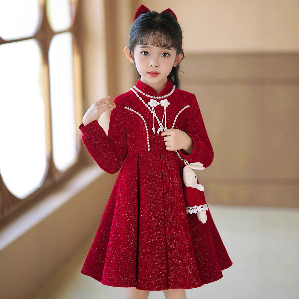 女童旗袍连衣裙秋冬装新款儿童长袖公主裙女孩洋气中国风唐装裙子