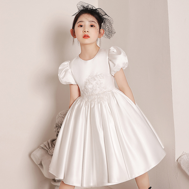 花童礼服白色缎面2025新款夏季儿童蓬蓬公主裙女童走秀钢琴演出服