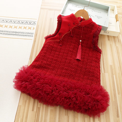 冬季中国风儿童名媛气质背心裙24新款小香风粗花呢无袖连衣tutu裙