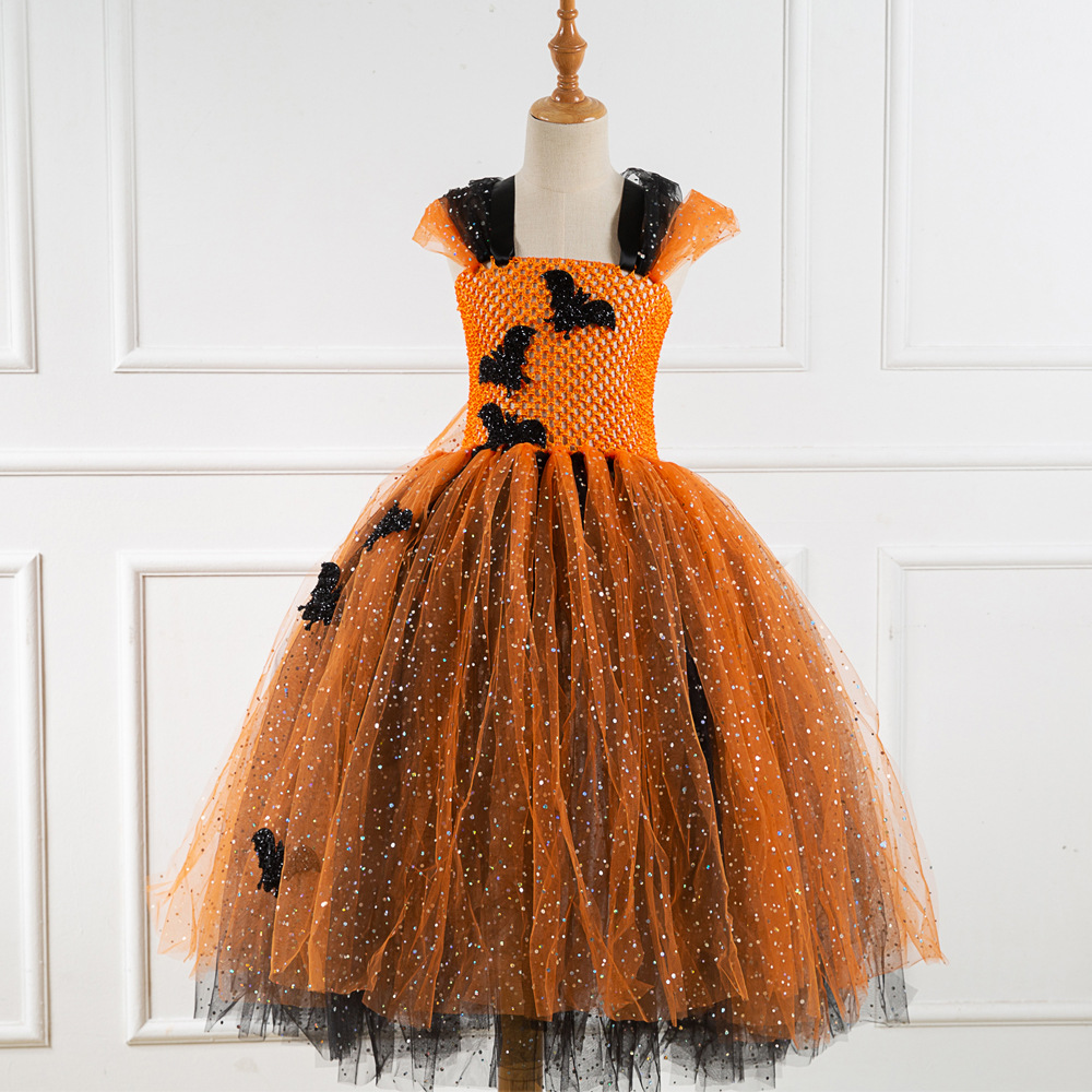 欧美儿童万圣节化妆舞会新款亮片卡通黑蝙蝠长款礼服裙儿童连衣裙