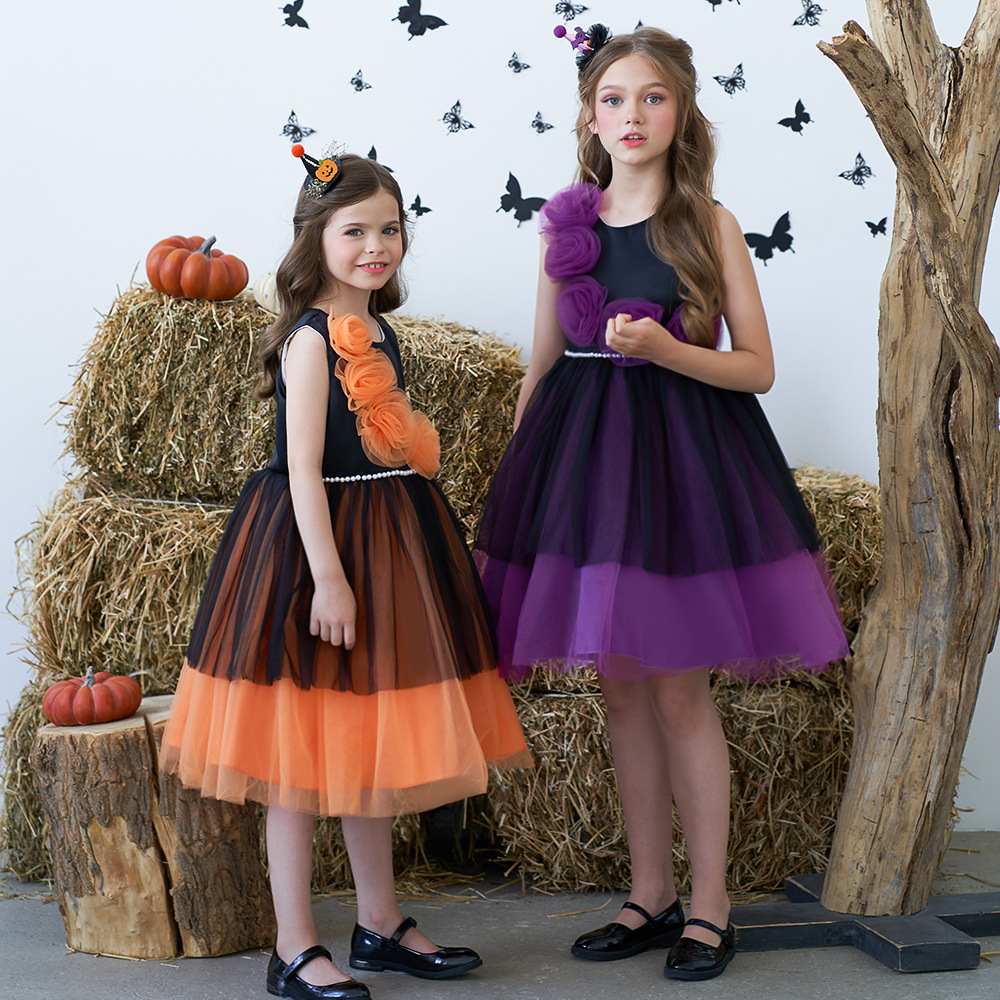 跨境万圣节新款儿童服装花朵公主裙女巫舞台表演魔法裙cos演出服
