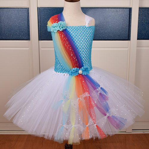 童装亮片网纱女童连衣裙 彩虹礼仪小姐童装 欧美儿童裙tutu dress