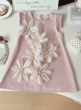 77321 2025夏季新款韩版女童花朵百褶飞袖长裙女孩气质漂亮连衣裙