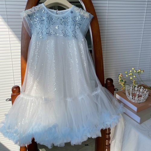 女童连衣裙夏季2025新款款亮片tutu连衣裙女童珍珠翻领生日礼服裙