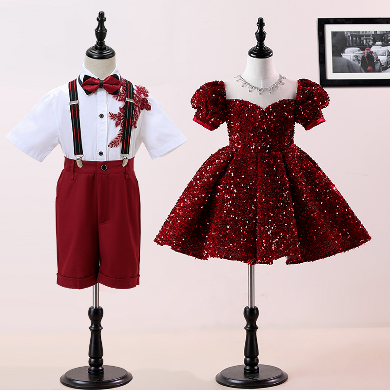 儿童大合唱演出服小学生六一表演服装女童诗歌朗诵红歌礼服蓬蓬裙