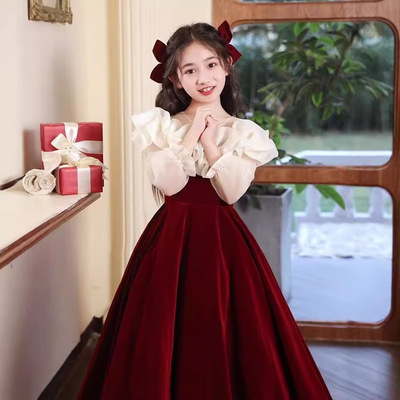 儿童礼服红色长裙花童婚礼小女孩公主裙女童高端钢琴演奏演出冬季