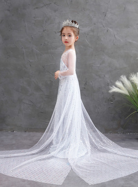 童装女童elsa儿童新款连衣裙冰雪奇缘2公主裙白色仙女长款礼服