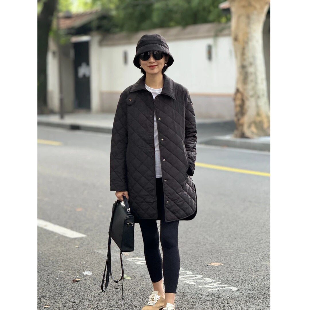 清仓价通勤风菱格绗缝棉服女中长款翻领单排扣保暖棉衣外套设计感