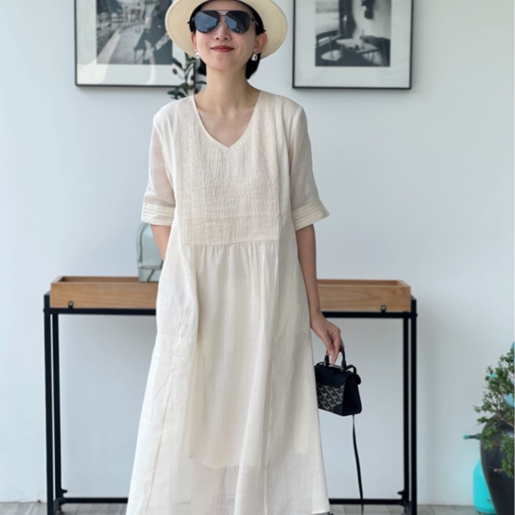 清仓文艺苎麻连衣裙女夏V领中袖宽松显瘦长裙休闲慵懒风