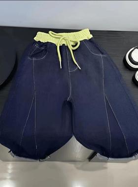 春季儿童牛仔裤中性风黄色腰头拼接潮童男女童嘻哈长裤宽松老爹裤