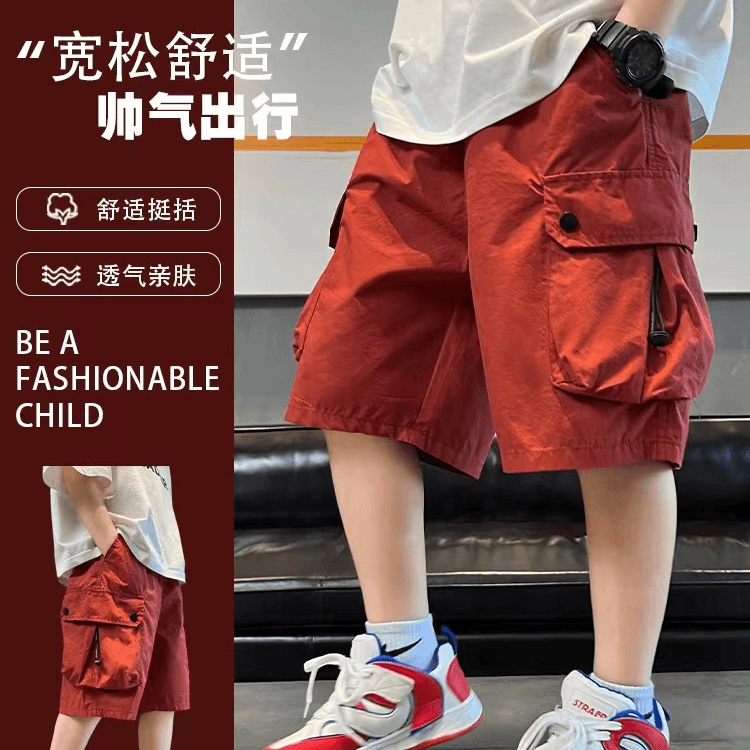 男童工装短裤夏季薄款痞帅红色潮