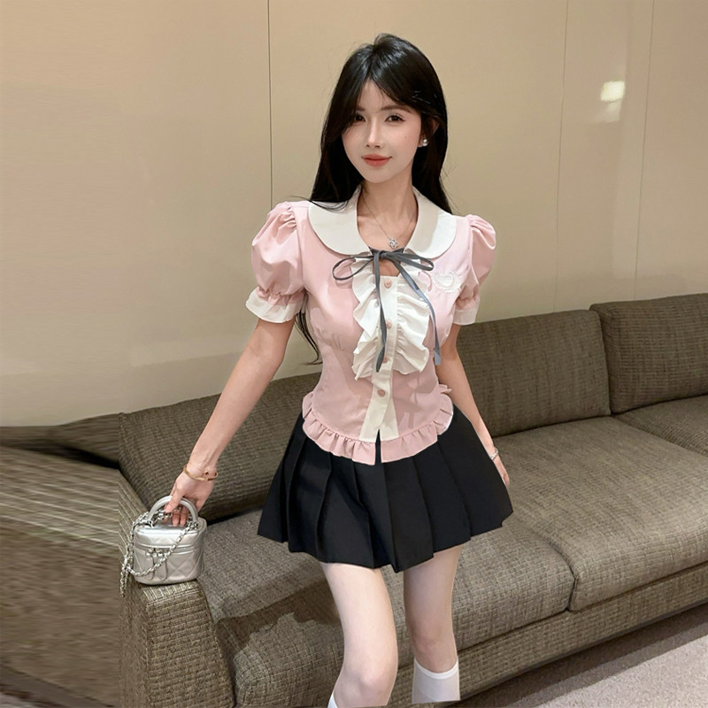 粉色系甜美少女风套装夏季短袖衬衫百褶裙高腰两件套学院套装裙子