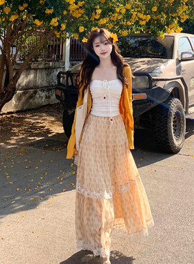 蕾丝碎花半身裙开衫三件套装套裙
