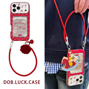 新年ins红色波点烟花小马卡包适用苹果17pro手机壳iphone16promax新款15镜面17皮质斜挎挂绳13女14pm喜庆全包