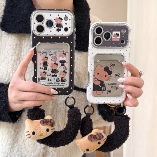 韩系甜酷黑白波点KT猫咪适用iPhone17promax手机壳卡包15新款16pro斜挎挂绳13创意全包防摔14pro超好看保护套
