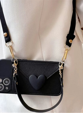 黑色爱心零钱插卡包适用OPPO Reno12pro手机壳K12x小众a58A72女reno987654斜挎挂绳A93软套A96防摔findx7手提