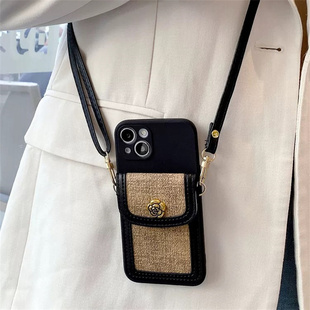 轻奢山茶花零钱卡包适用苹果15手机壳iPhone 14promax斜挎13pro背带11高级感12防摔挂绳XSmax女678plus软套XR
