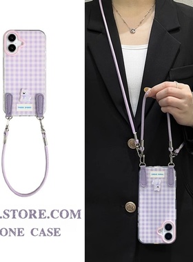 韩系紫色格纹西高地手绳适用iPhone16pro手机壳苹果15promax双层12/13pro防摔14pm卡通女款XR斜挎挂绳78plus