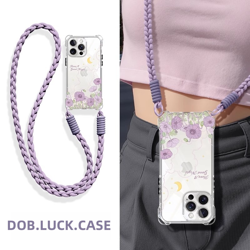 适用苹果手机壳荷花斜挎挂绳夏