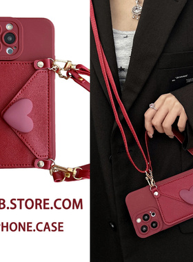酒红爱心零钱卡包适用华为Pura70手机壳9080荣耀100简约P60女斜挎mate50pro手腕挂绳nova12/754畅享x30软胶套