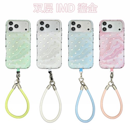适用苹果手机壳大理石纹波点挂绳