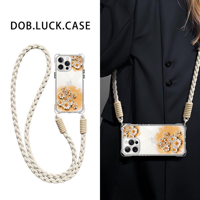 适用苹果手机壳油画花朵斜挎挂绳