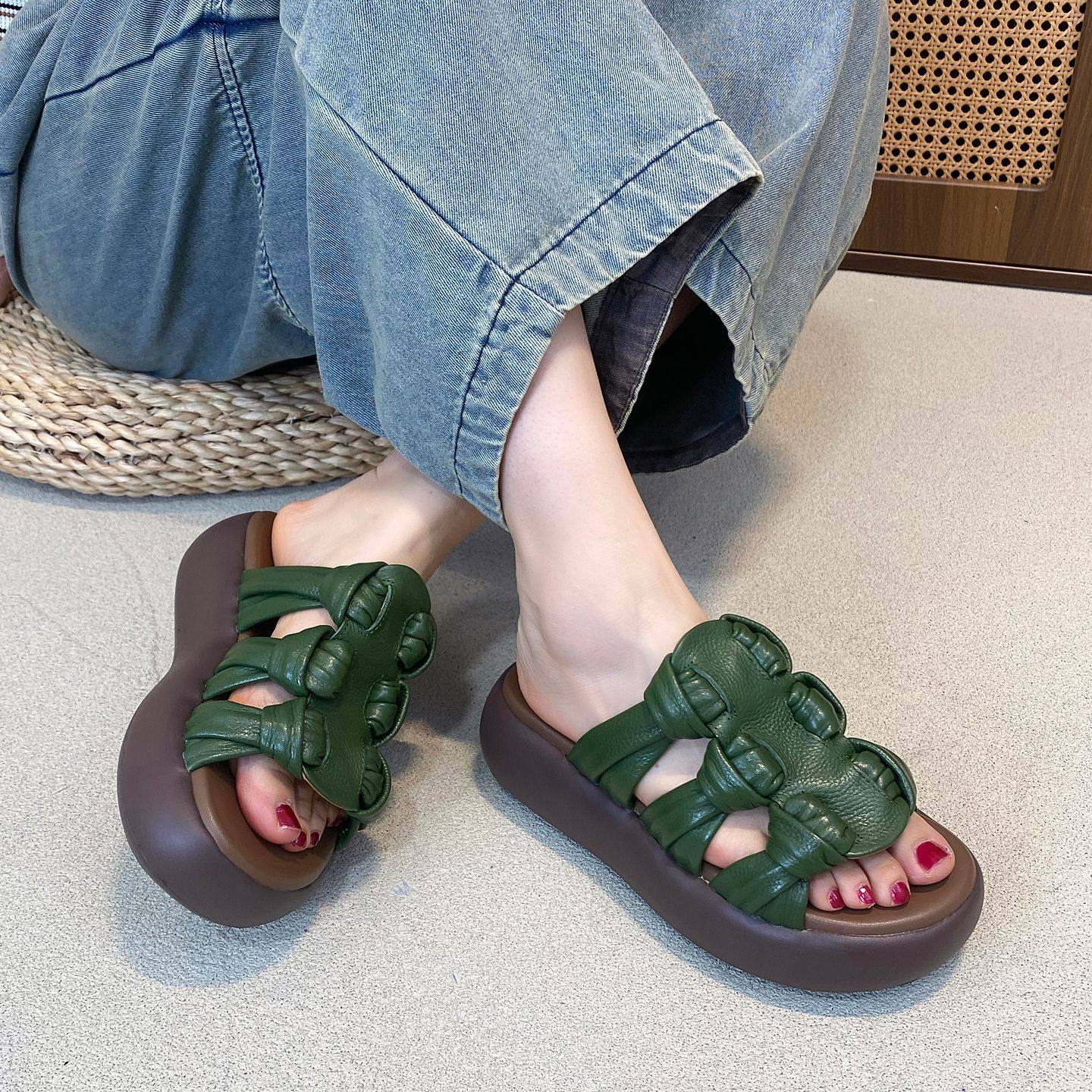 2026夏季新款厚底一字拖女外穿防滑厚底民族风复古真皮露趾鱼嘴鞋,女鞋,一字拖,淘宝优惠券,粉丝福利购,淘宝优惠卷