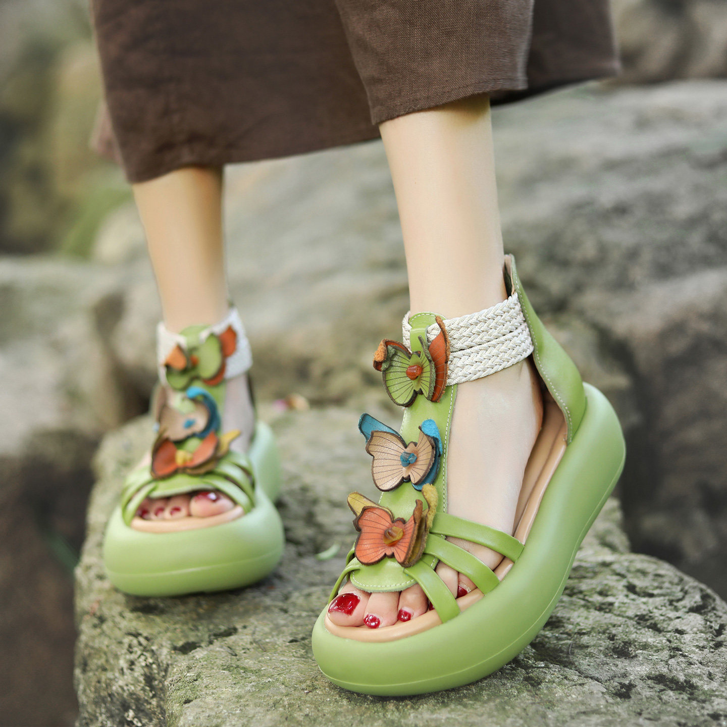 民族风花朵凉鞋女厚底增高露趾鱼嘴鞋真皮文艺复古拼色休闲罗马鞋,女鞋,罗马凉鞋,淘宝优惠券,粉丝福利购,淘宝优惠卷