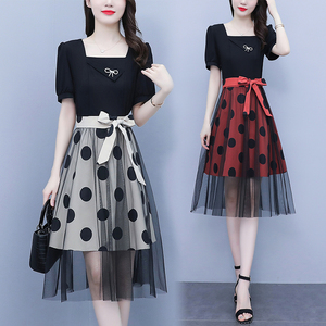 RM7355#夏装新款韩版大码胖mm显瘦法式减龄蕾丝拼接连衣裙