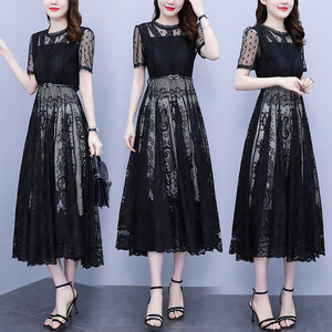 RM7353#夏装新款韩版大码胖mm显瘦法式减龄蕾丝拼接连衣裙小黑裙