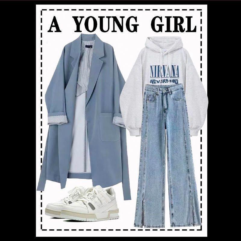 秋冬盐系穿搭女2024新款中长款风衣外套印花卫衣阔腿牛仔裤三件套,女装/女士精品,时尚套装,淘宝优惠券,粉丝福利购,淘宝优惠卷