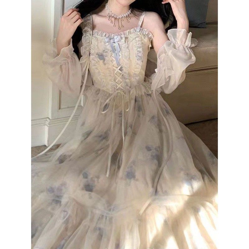 高级感甜美雪纺碎花长裙2025新款法式蓝色吊带连衣裙两件套装女夏,女装/女士精品,连衣裙,淘宝优惠券,粉丝福利购,淘宝优惠卷