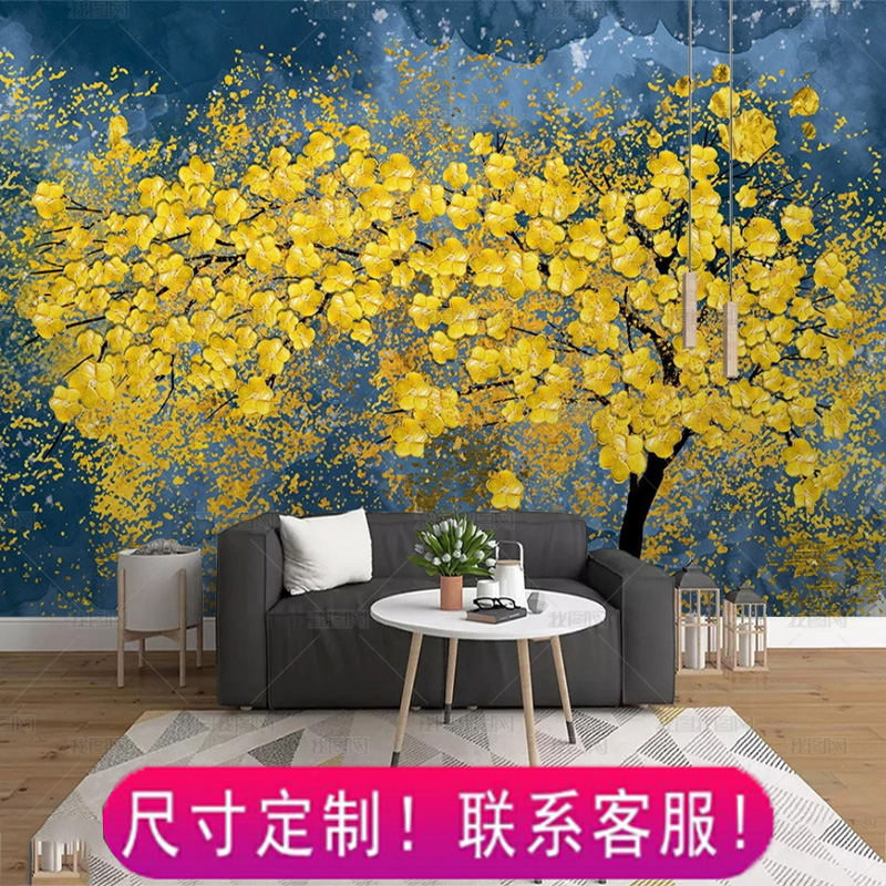 立体浮雕发财树背景墙抽象简约黄金树装饰画客厅沙发卧室现代壁纸图片