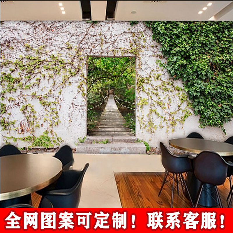 绿色植物爬山虎背景白墙3D视觉延伸装饰画壁纸饭店咖啡奶茶店墙布图片