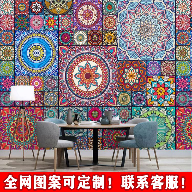 现代特色拼接花砖墙纸复古波普风格民族图案背景墙客厅沙发装饰画图片