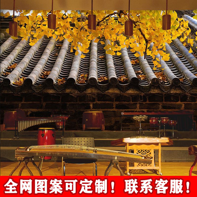 中国风屋檐银杏叶背景墙古典建筑砖墙红墙装饰壁画火锅店饭店壁纸