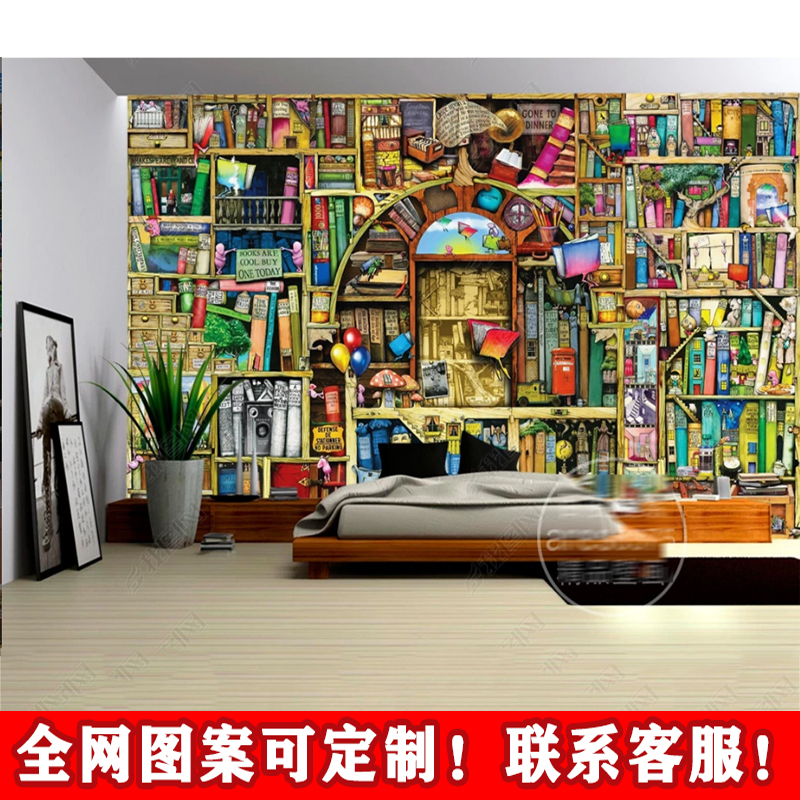 卡通书架书橱彩色背景墙客厅儿童房沙发童话壁画大树书籍装饰壁纸图片