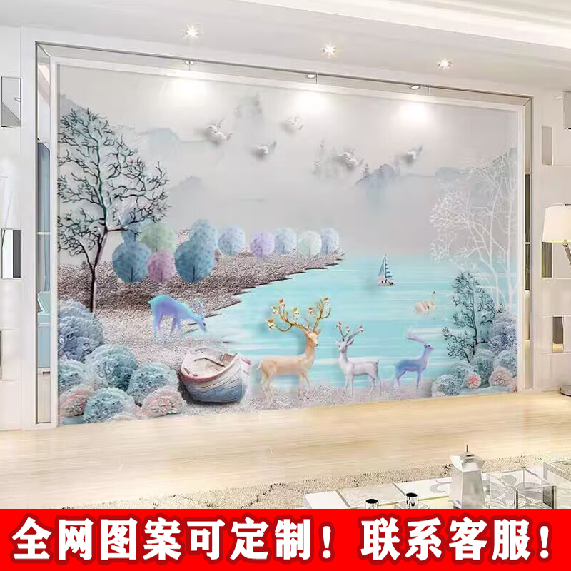 北欧浮雕麋鹿电视背景墙3d立体飞鸟帆船简约壁画客厅沙发装饰壁纸图片