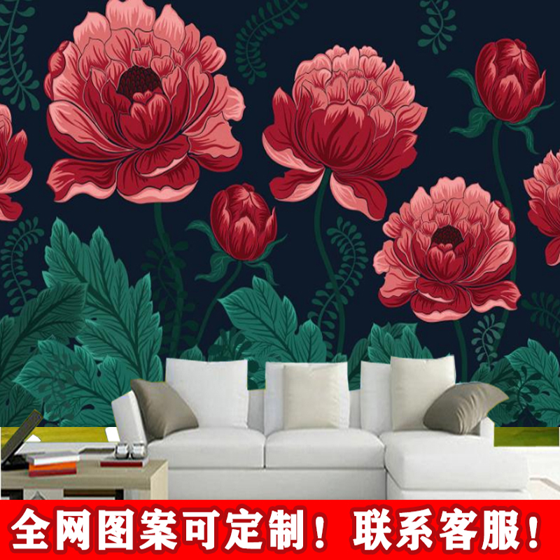 红色牡丹大花朵背景墙中式古典手绘花草花纹墙布卧室书房油画壁纸