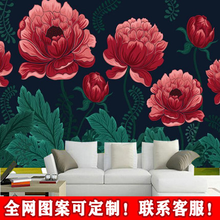 红色牡丹大花朵背景墙中式古典手绘花草花纹墙布卧室书房油画壁纸