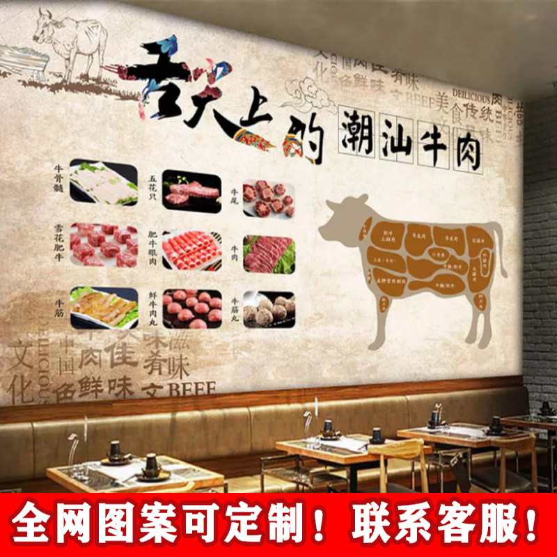 舌尖上的牛肉装饰背景墙分割部位图牛杂店壁画潮汕火锅店墙面壁纸图片